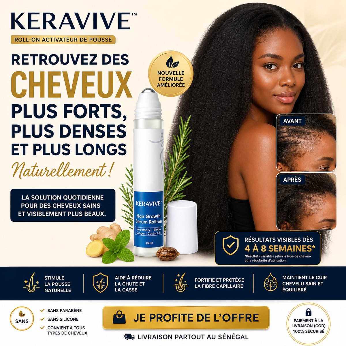 Découvrez KERAVIVE™, le roll-on capillaire conçu pour prendre soin de votre cuir chevelu et fortifier vos cheveux dès la racine.